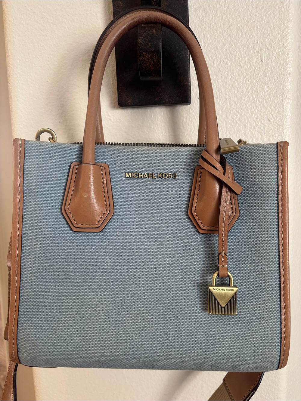 Michael Kors Light Blue Canvas Satchel with Brown Leather Trim